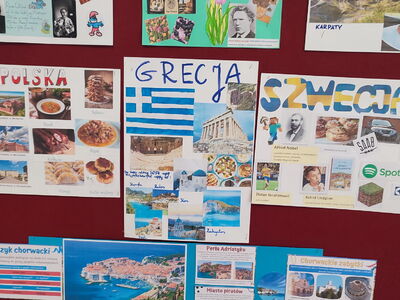 plakaty z państwami europejskimi, dzieci uczestniczą w grach